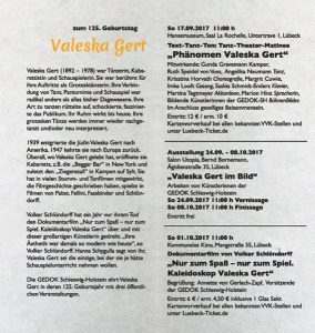 Flyer für Veranstaltung „Phänomen Valeska Gert“, Seite 2, Lübeck September 2017, organisiert von Marion Hinz