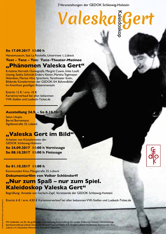 Plakat für Veranstaltung „Phänomen Valeska Gert“, Lübeck September 2017, organisiert von Marion Hinz