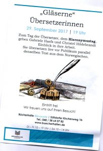 Hieronymustag „Gläserne Übersetzerinnen“ 2017 – Plakat Bücherhalle Elbvororte, Hamburg-Blankenese