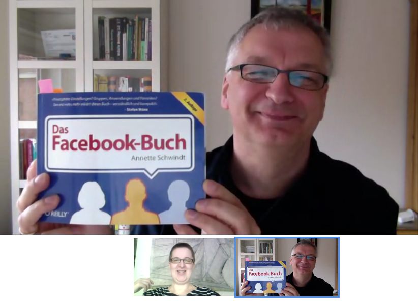 Screenshot der ersten Skype-Sitzung von Annette Schwindt und Peter Müller (mit Annettes Facebook-Buch)